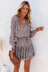 V Neck Long Sleeve Tie Waist Mini Dress